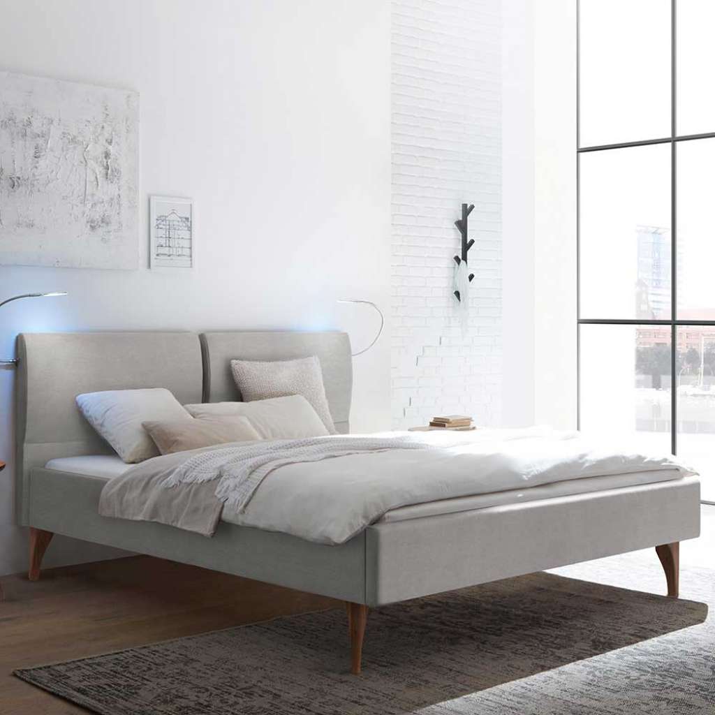 Franzoesisches Bett Grau Stoff im Skandi Design Vierfußgestell aus Holz