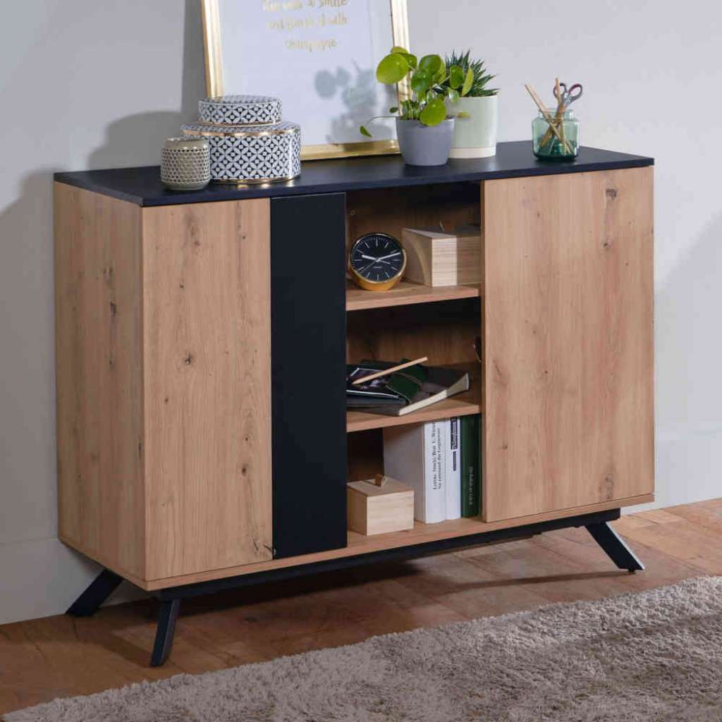 Wohnzimmer Kommode modern in Eichefarben und Schwarz Drehtüren