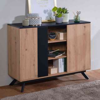 Wohnzimmer Kommode modern in Eichefarben und Schwarz Drehtüren