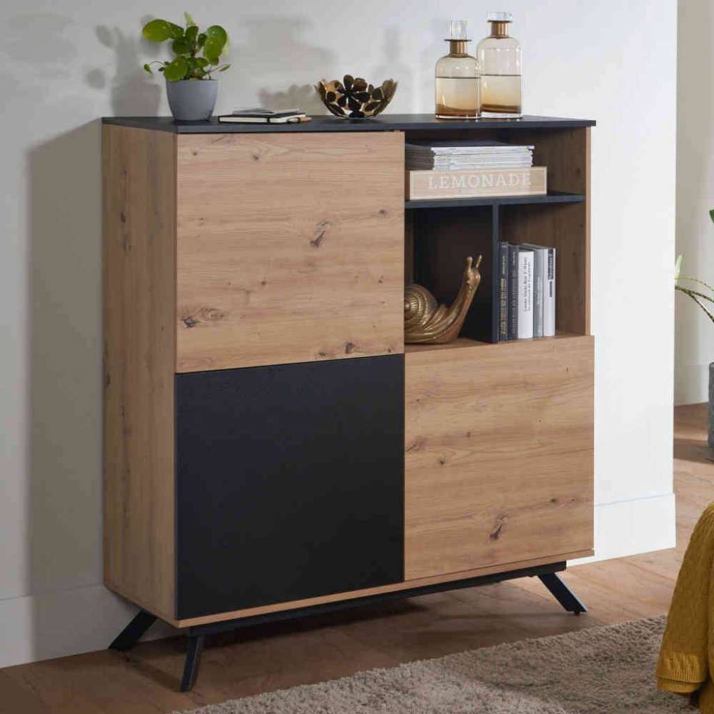 Highboard mit offenem Fach in Eichefarben und Schwarz 110 cm breit