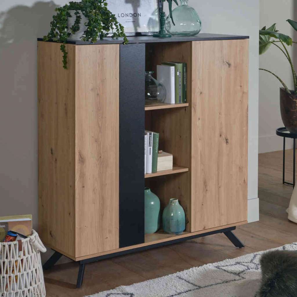 Wohnzimmer Schrank klein in Eichefarben und Schwarz melaminbeschichtet