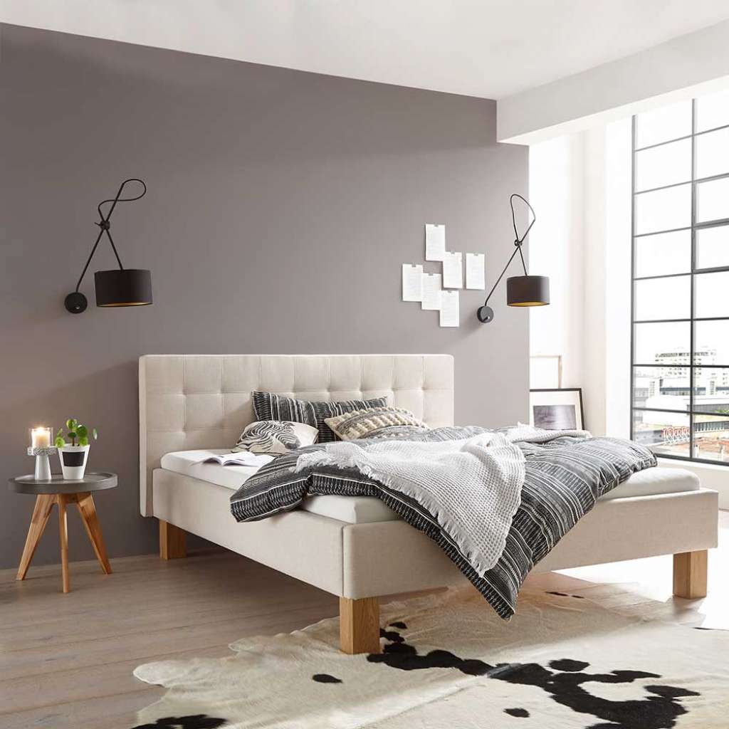 Gepolstertes Bett Beige Eiche Bianco im Skandi Design 43 cm Einstiegshöhe