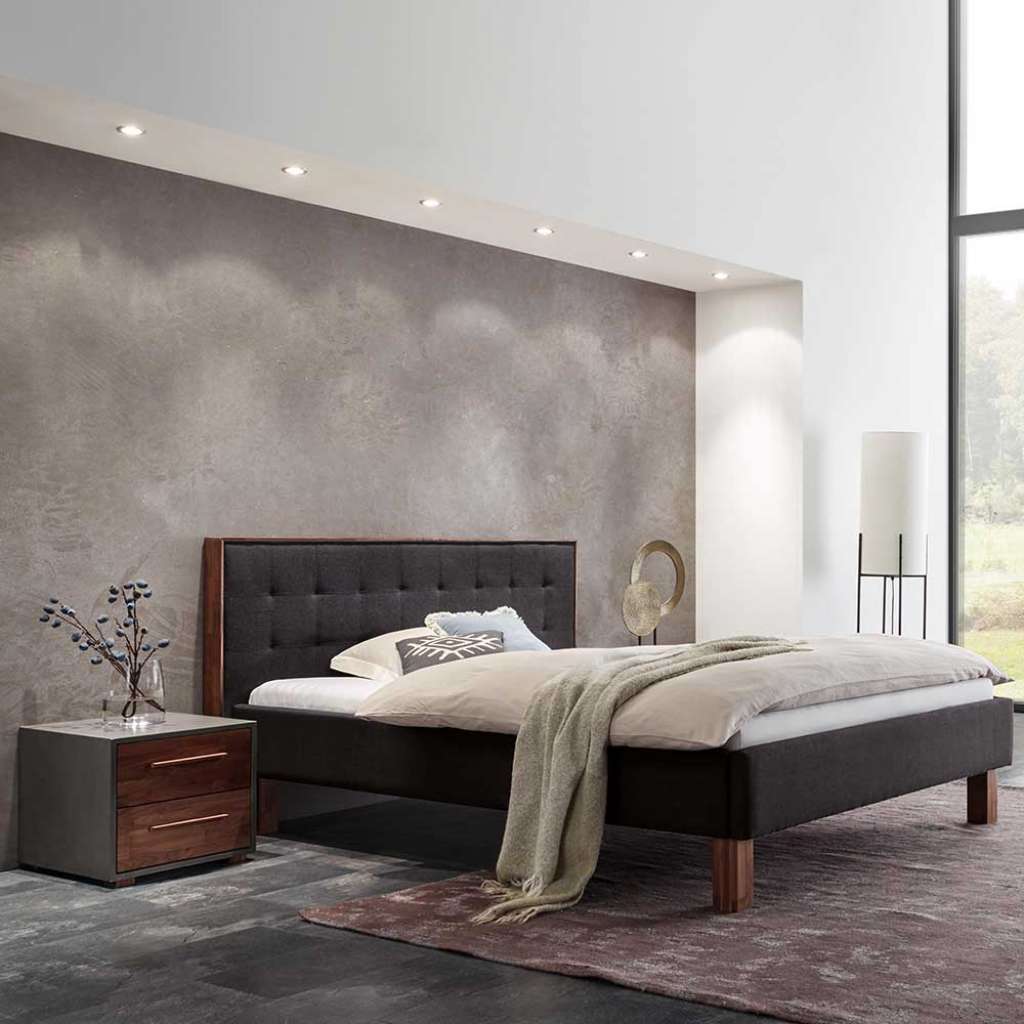 Polsterbett Anthrazit Nussbaum 140x200 cm optional mit Nachtkonsole