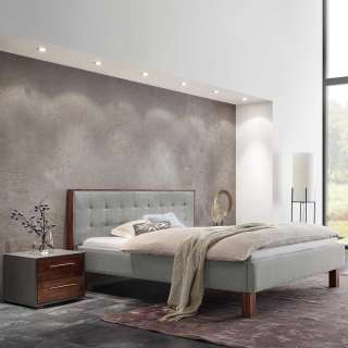 Franzoesisches Bett 140x200 cm aus Webstoff und Holz Grau und Nussbaum