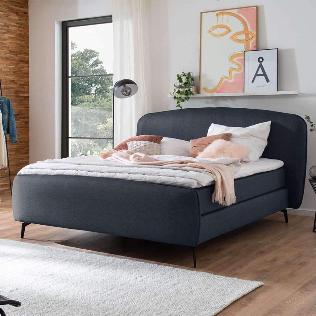 Springbett Boxbett Dunkelblau aus Webstoff Vierfußgestell aus Metall