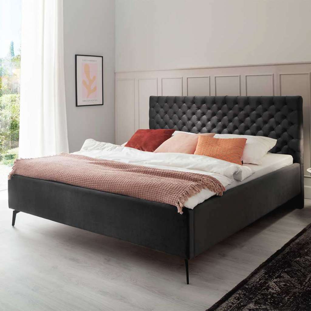 Polster Doppelbett Dunkelgrau aus Samt und Metall modernem Design