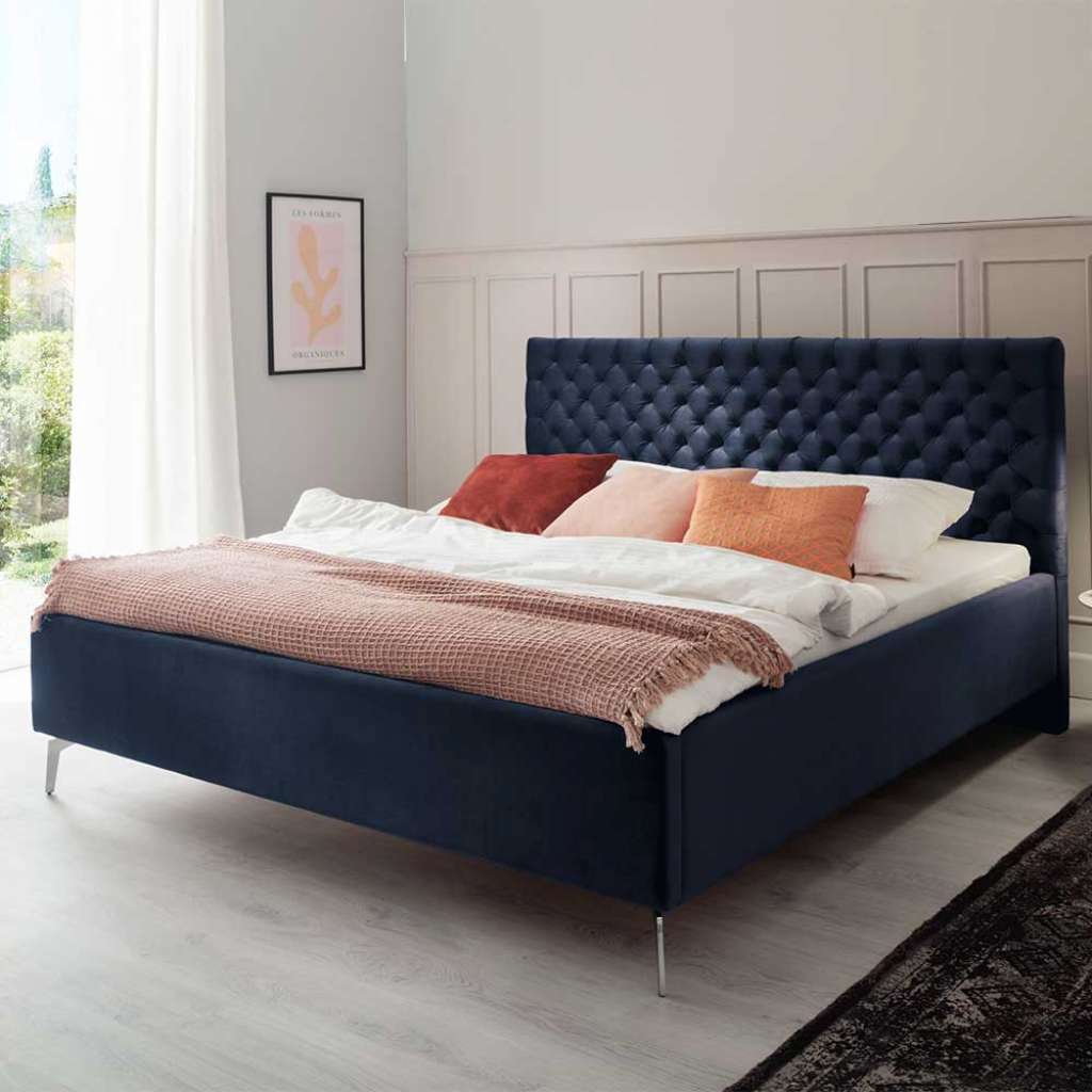 Komfortbett Stoff Blau aus Samt Gestell Metall Chrom