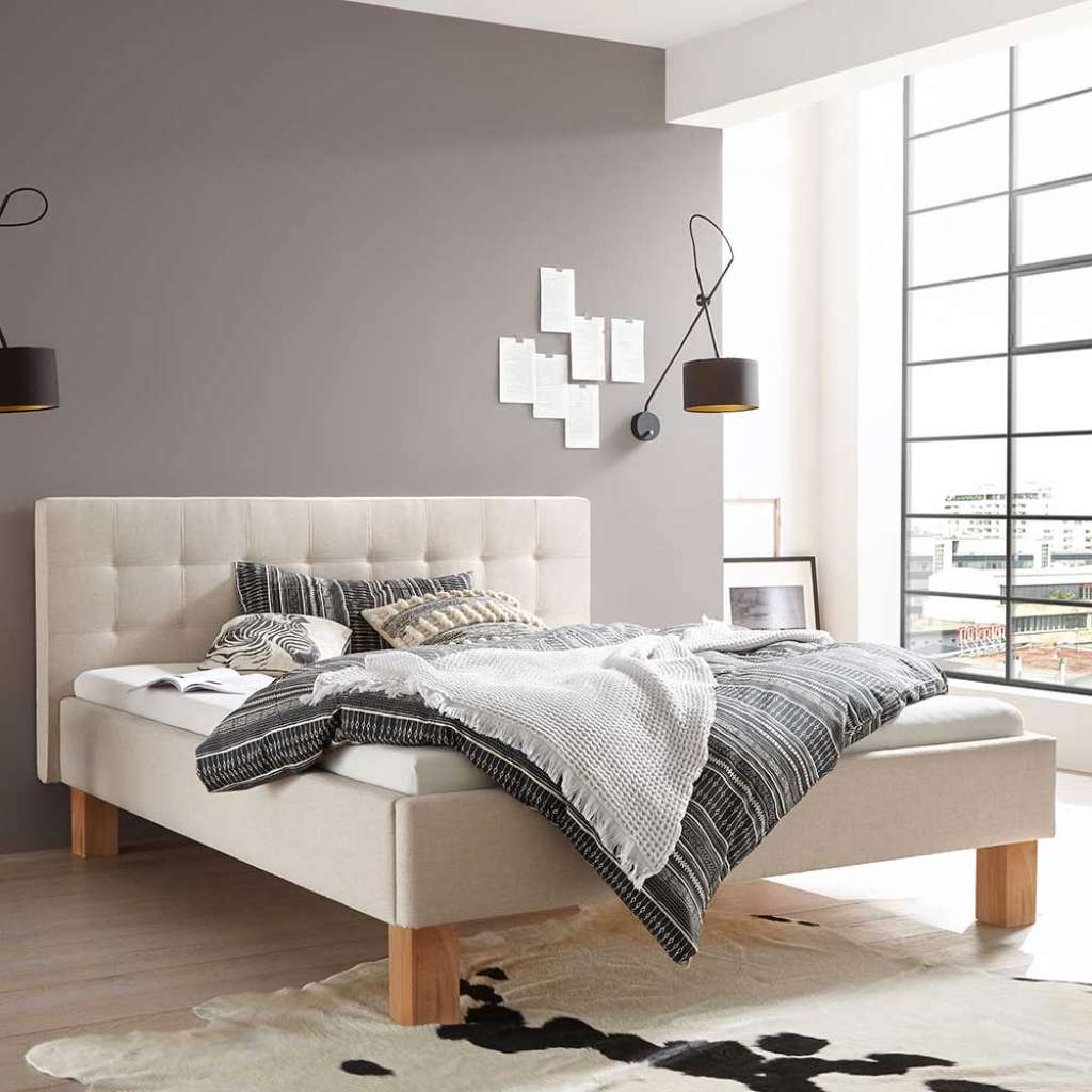Doppelbett Stoff Skandi Stil in Beige Vierfußgestell aus Holz