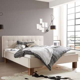 Franzoesisches Bett Beige Stoff im Skandi Design Vierfußgestell aus Holz