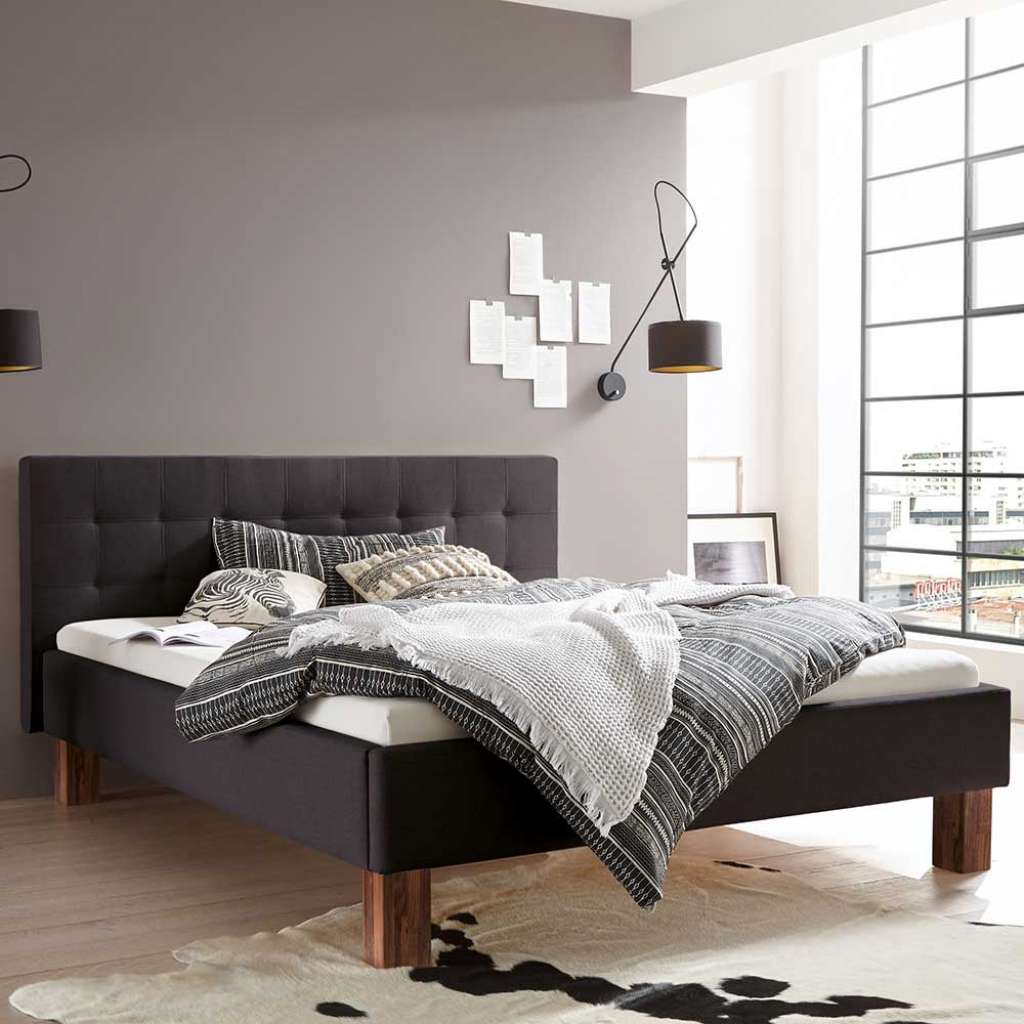 Franzoesisches Bett Stoff in Anthrazit Vierfußgestell aus Holz