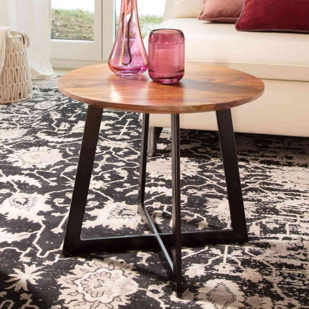 Runder Beistelltisch Sofa aus Sheesham Massivholz Bügelgestell