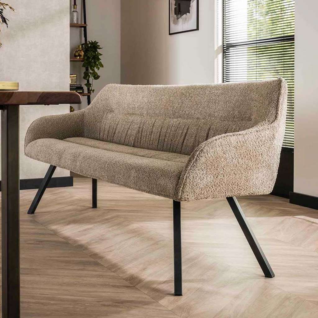 Esstisch Stoffbank Beige aus Boucle Stoff und Metall 192 cm breit