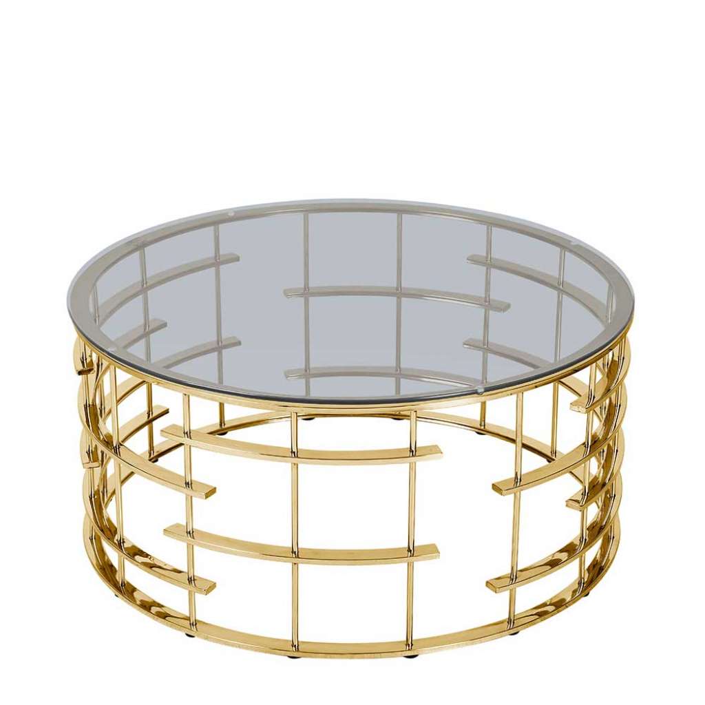 Glas und Metall Sofatisch in Goldfarben und Grau 90 cm Durchmesser