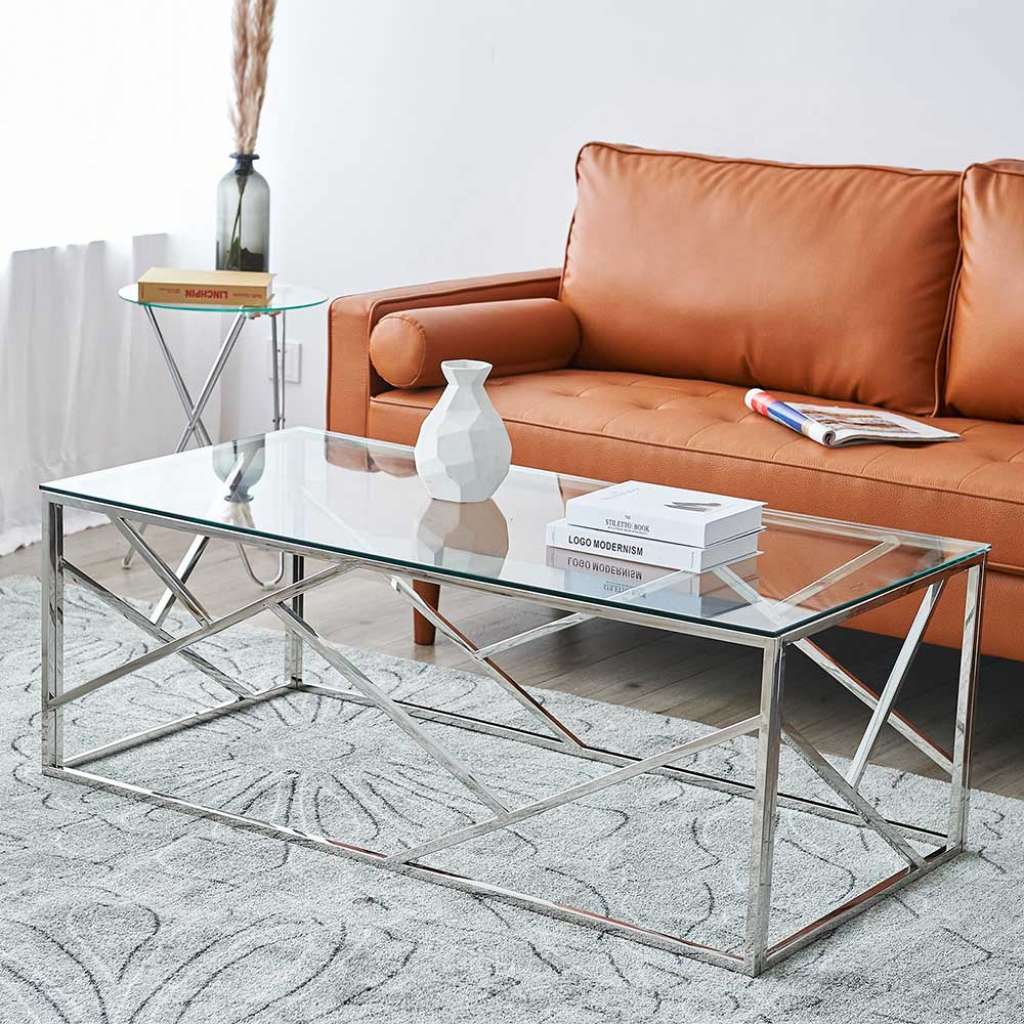 Rechteckiger Sofatisch aus Sicherheitsglas und Metall 120 cm breit