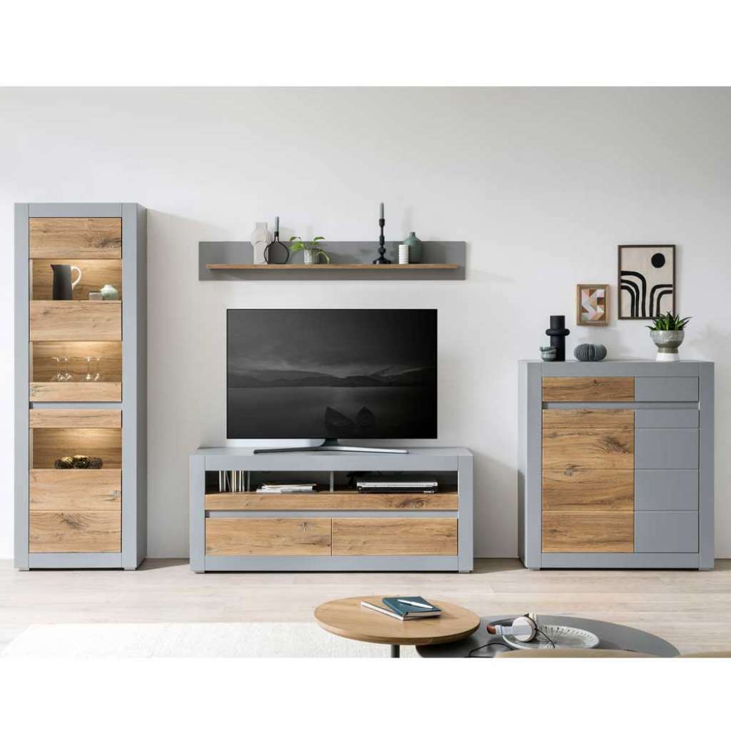 Wohnwand mit Regal in Zinneichefarben Platingrau (vierteilig)