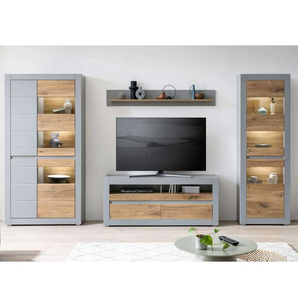 Wohnwand mit TV Platz in Zinneichefarben Platingrau (vierteilig)