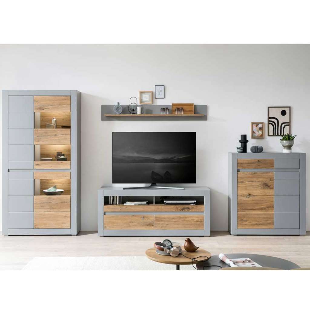 Design Wohnzimmerschrankwand in Zinneichefarben Platingrau (vierteilig)