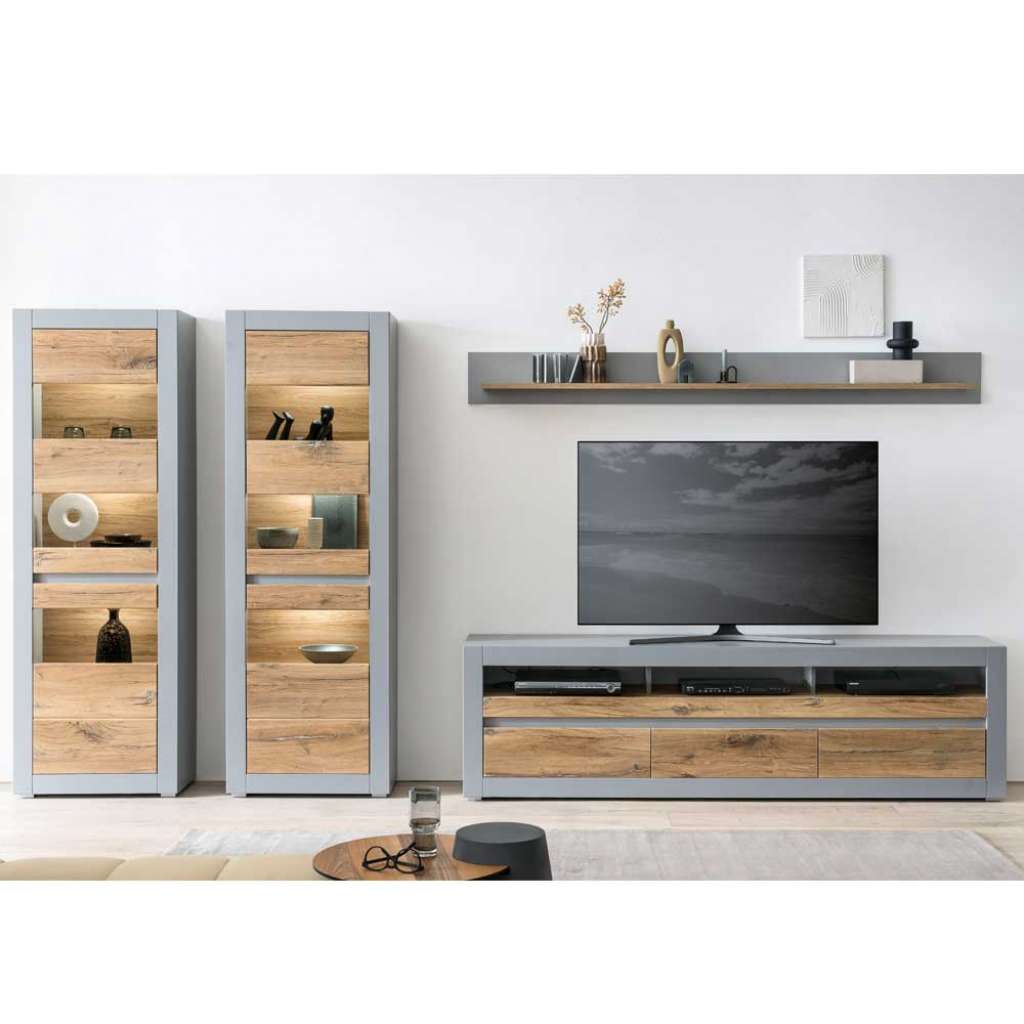 Design Wohnwand Wohnzimmer in Zinneichefarben Platingrau (vierteilig)