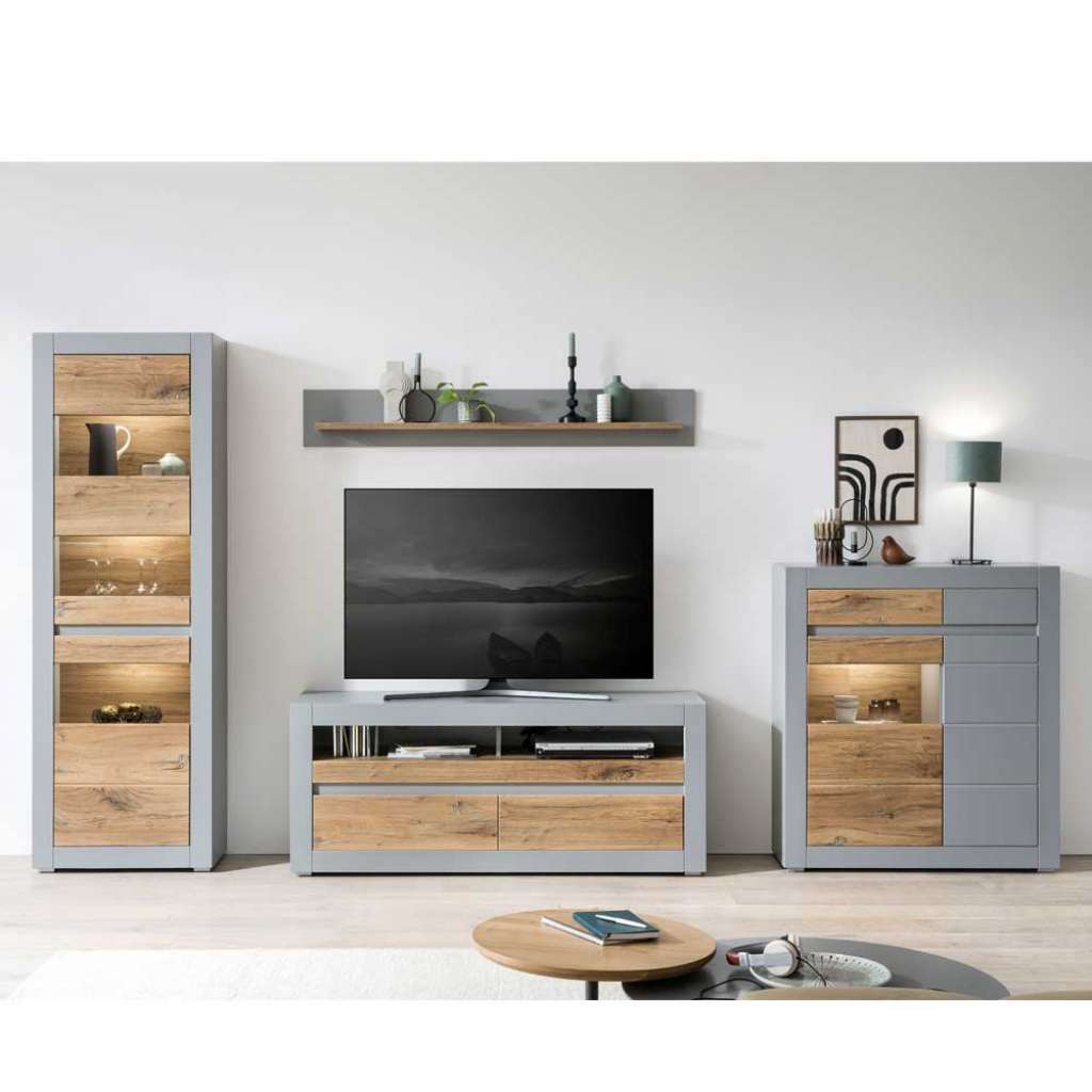 Moderne Schrankwand Wohnzimmer in Zinneichefarben Platingrau (vierteilig)
