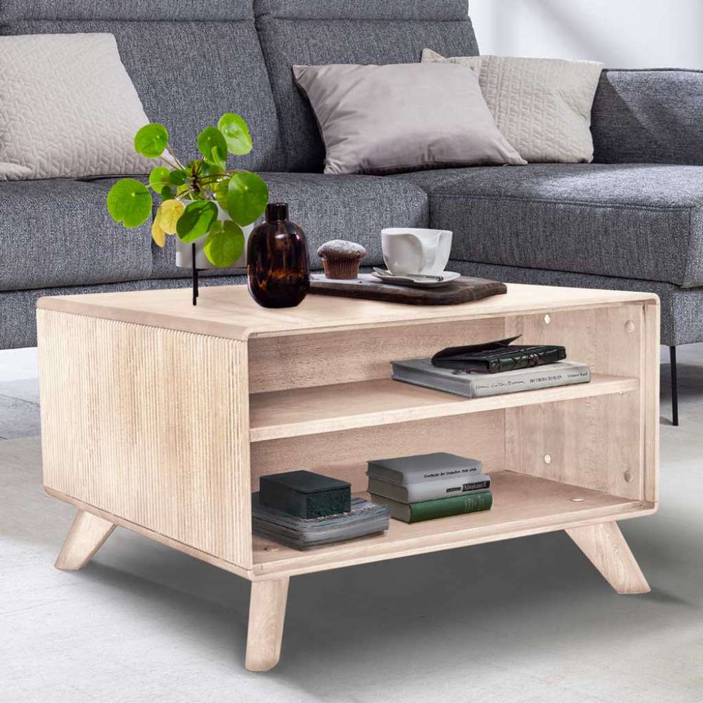 Sofa Tisch massiv in Kernbuche weiß geölt quadratischer Tischplatte