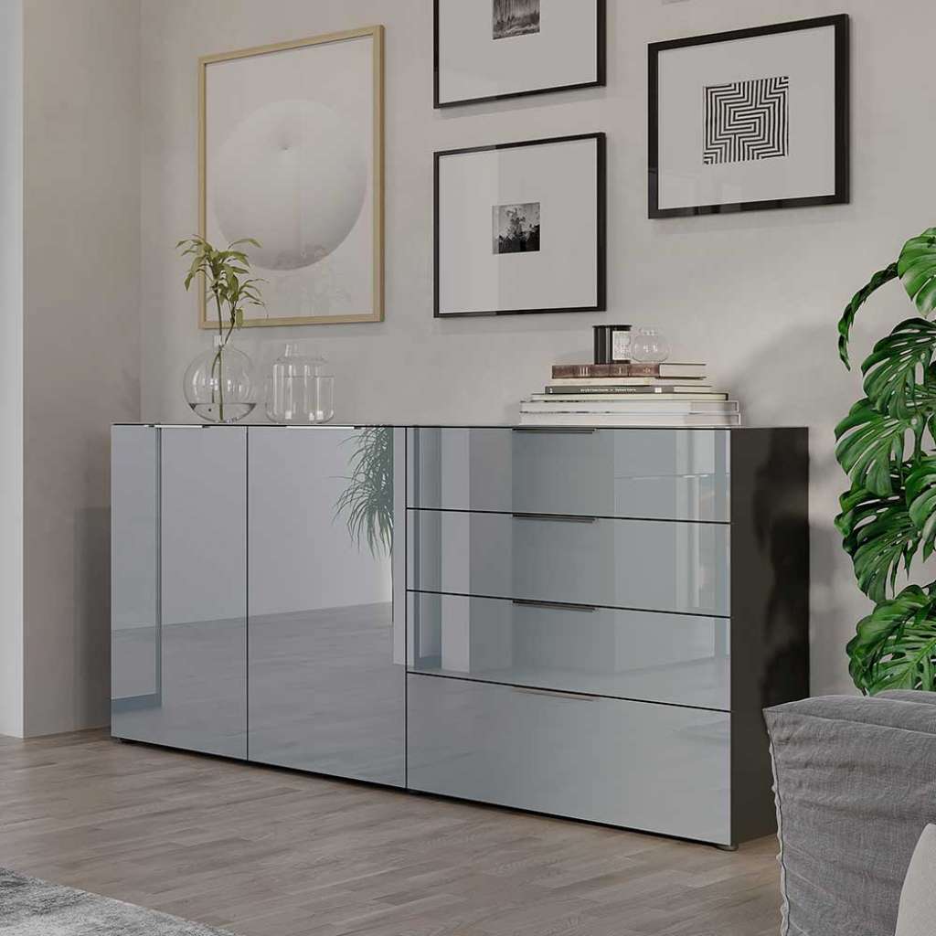Sidebord glasbeschichtet in modernem Design vier Schubladen und zwei Türen