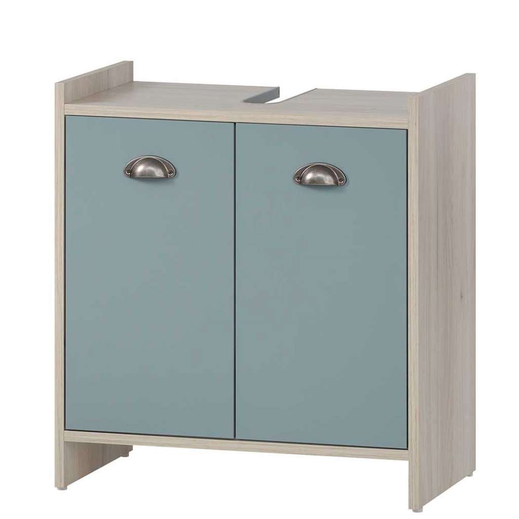 Waschtischschrank modern in Hellblau und Eiche hell Drehtüren