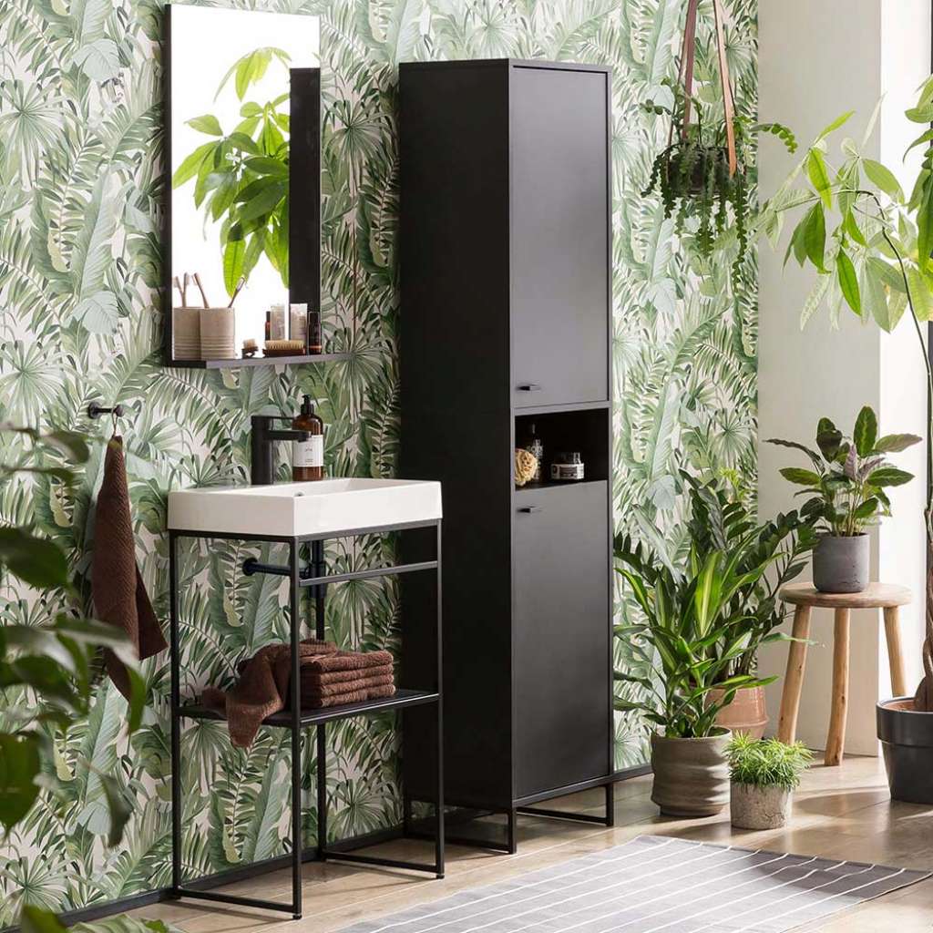 Waschplatz Set schwarz modern 186 cm hoch mit Becken (dreiteilig)