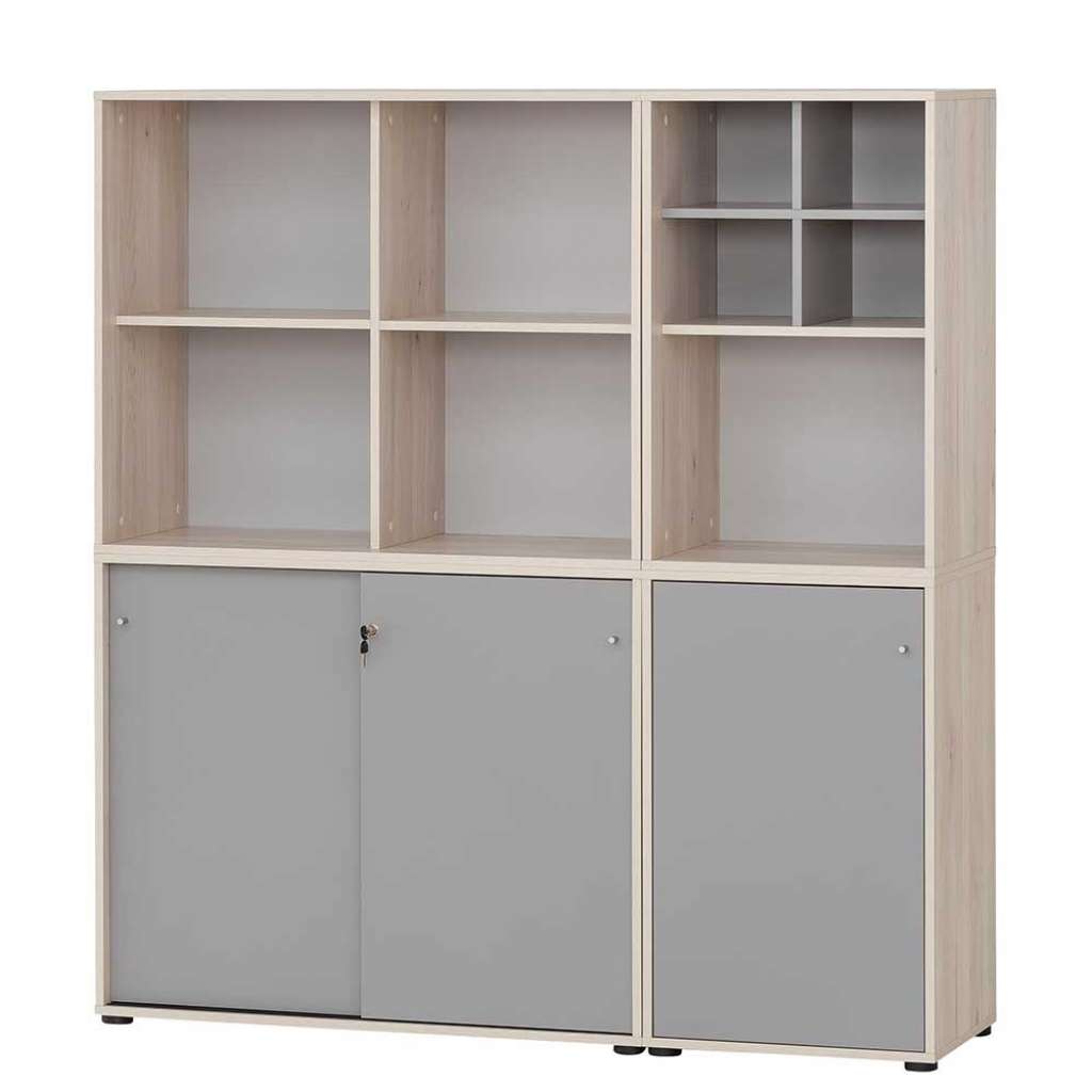 Büroschrankwand in Eiche hell und Platingrau Made in Germany