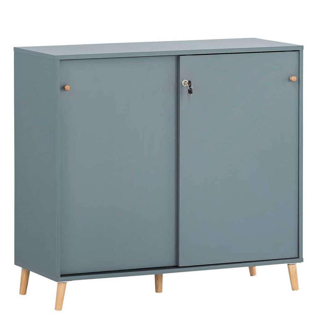 Aktenschrank abschließbar mit Schiebetüren Petrol und Eichefarben