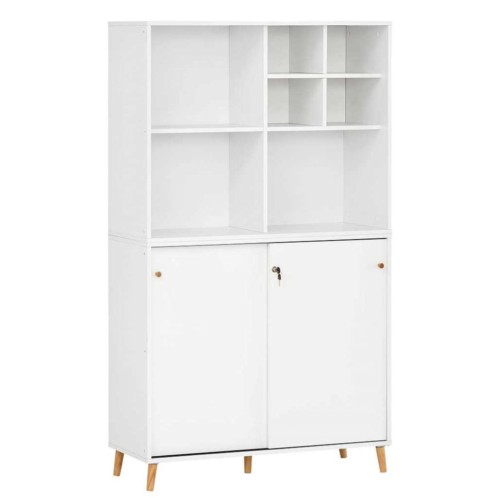 Weißer Büroschrank mit herausnehmbarem Regalkreuz Schiebetüren