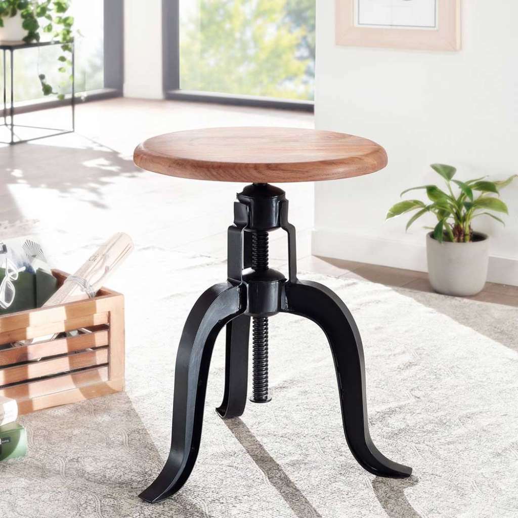 Runder Hocker aus Akazie Massivholz und Metall Industry und Loft Stil