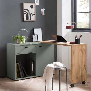 Schreibtisch in Wildeichefarben und Graugrün Seitenregal, Tür und Schubkasten