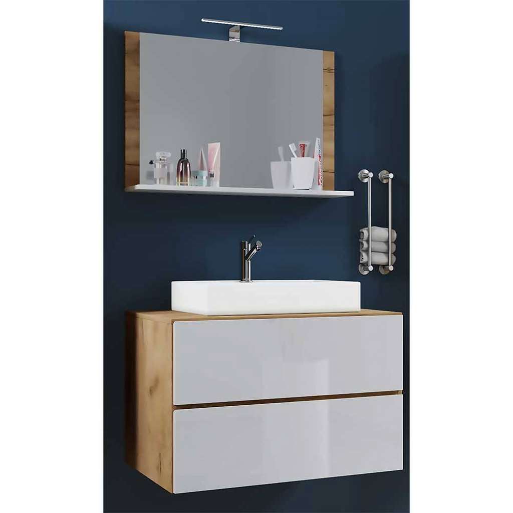 Gästebad Möbel in Holzoptik und Weiß Hochglanz Wandmontage (zweiteilig)