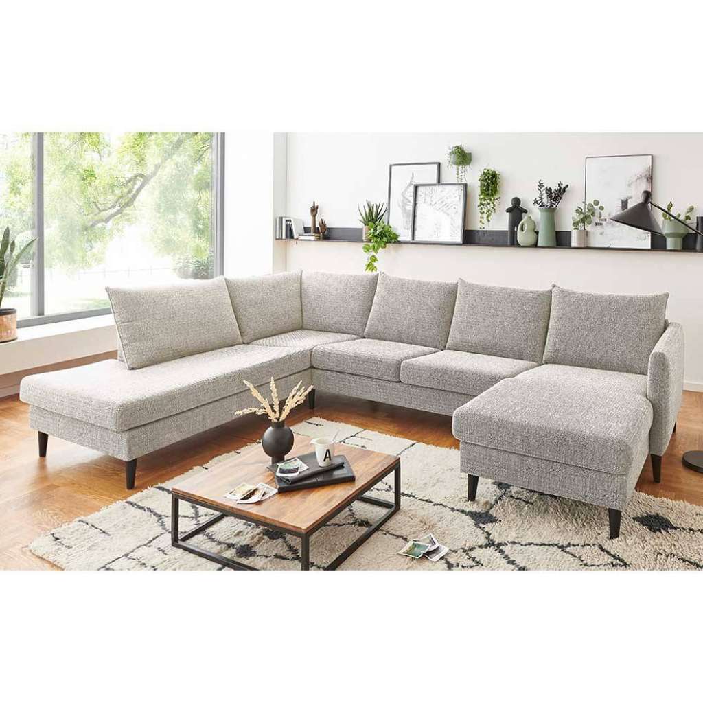 XXL Wohnlandschaft in Cremefarben Webstoff Fußgestell aus Holz