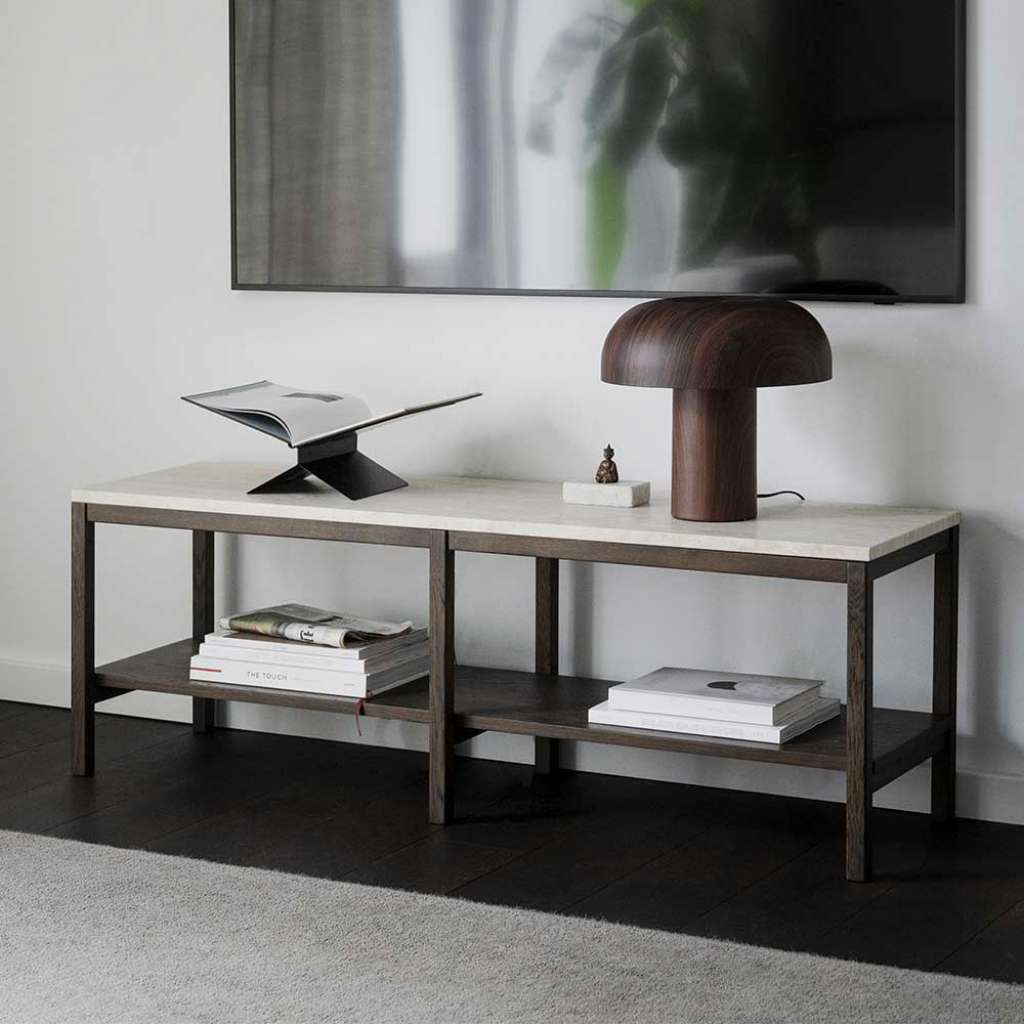 Fernseh Lowboard in Eiche dunkel und Marmorplatte in Beige 140 cm breit