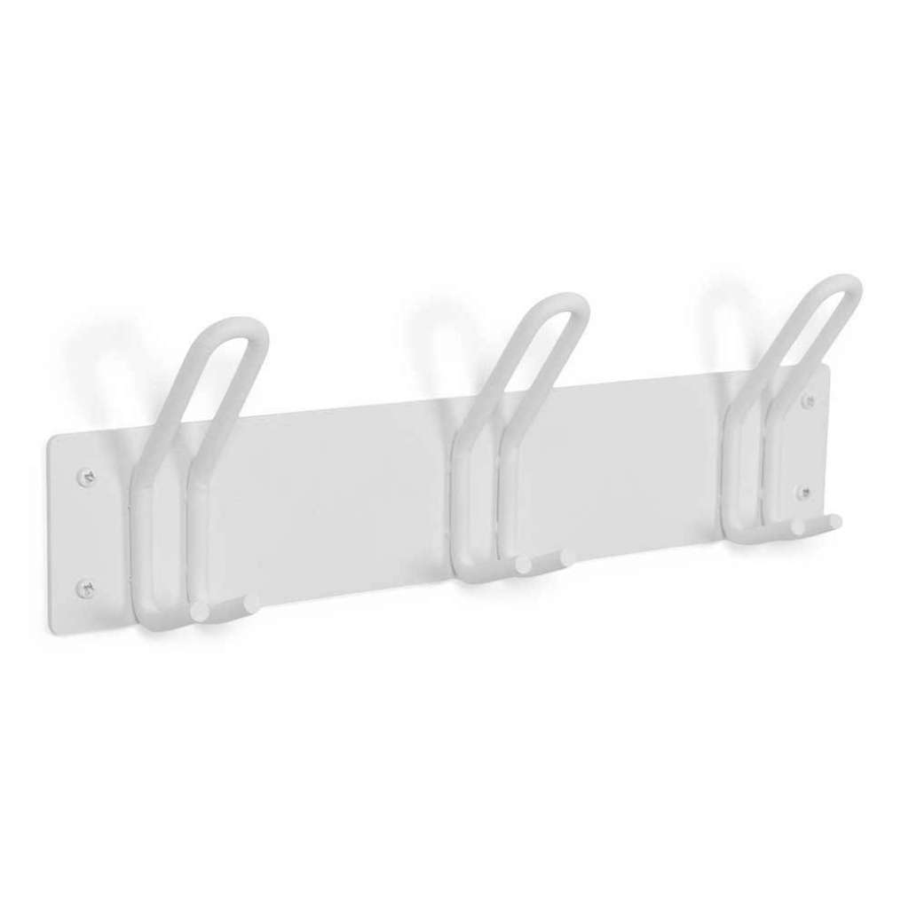 Weiße Garderobe mit 3 festen Metall Doppelhaken pulverbeschichtet