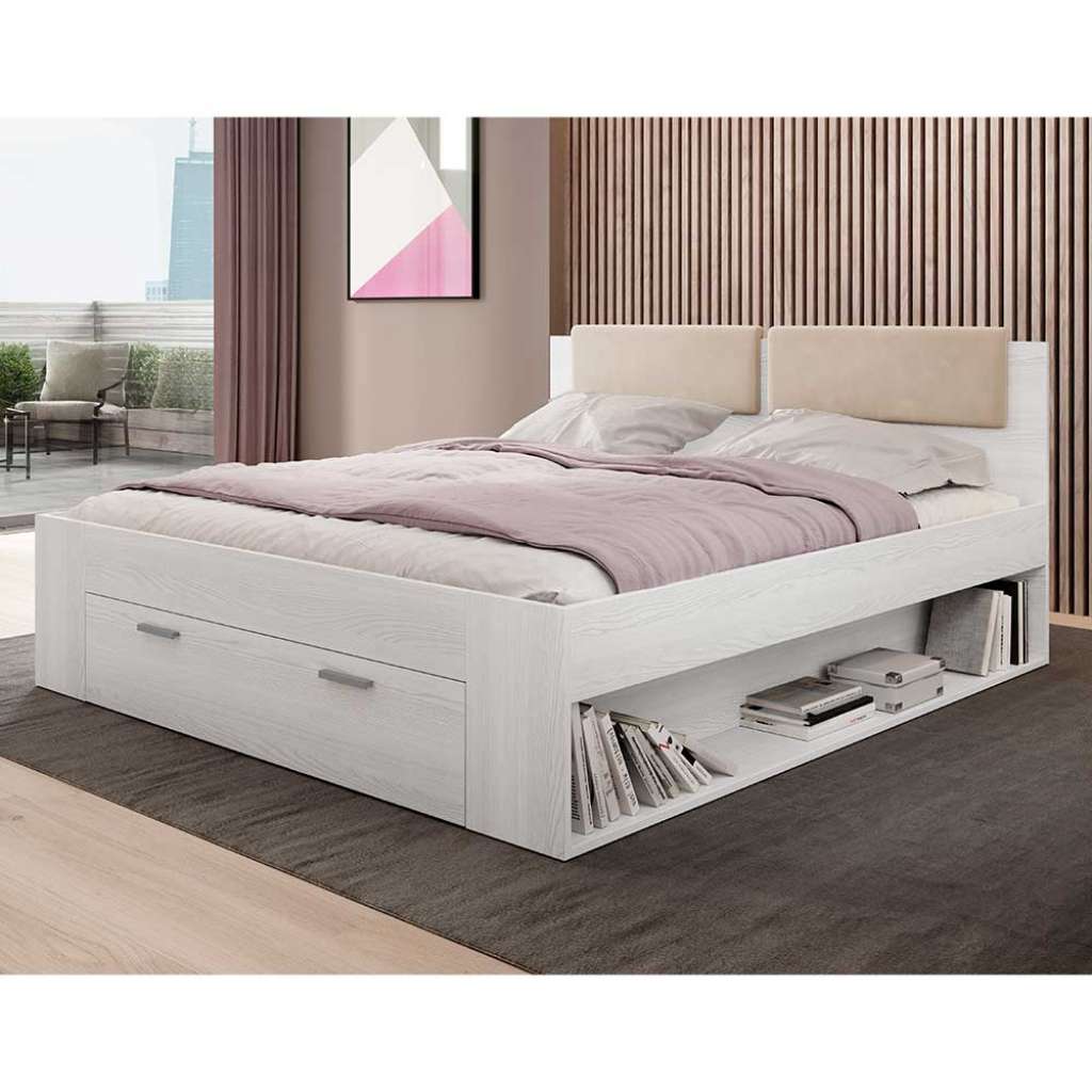 140x200 cm Singlebett in Holzoptik Esche Weiß mit Stauraum