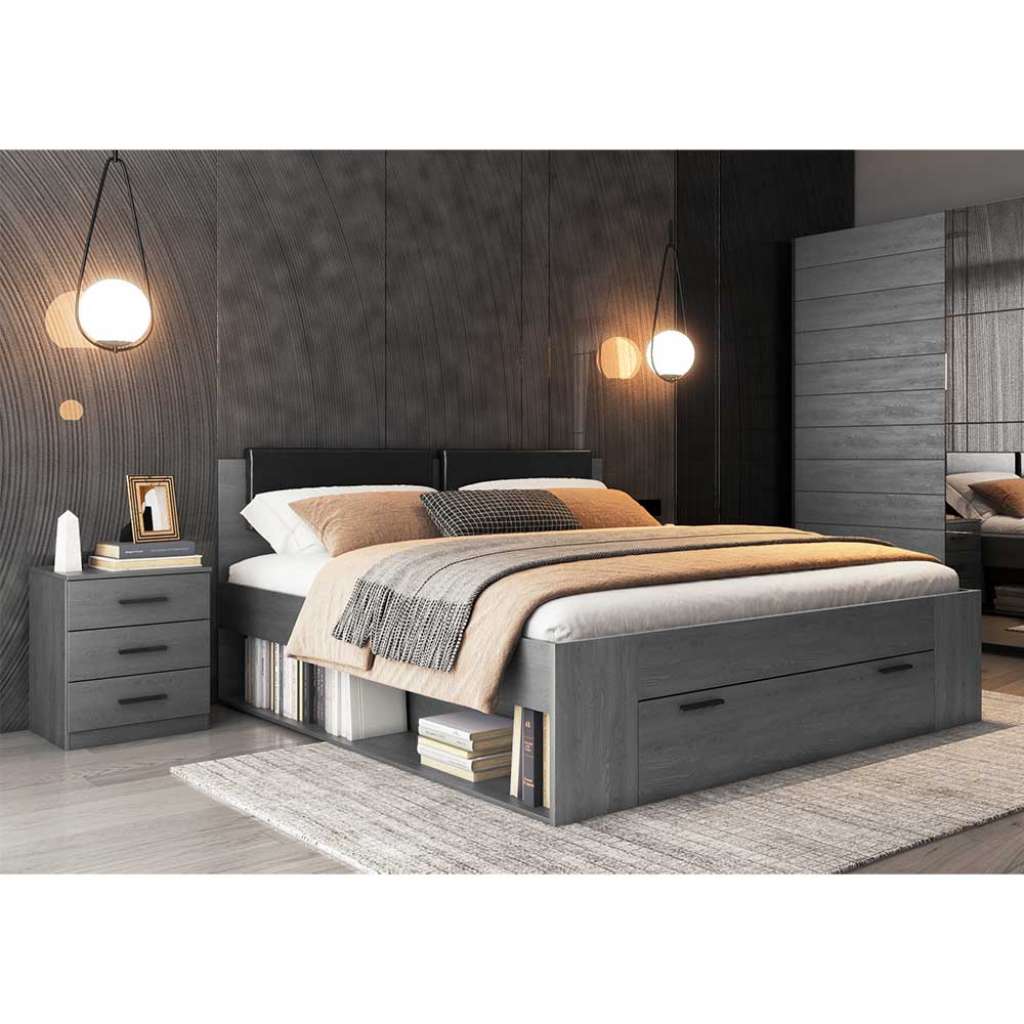 Schubkastenbett in Eiche Grau und Schwarz modern
