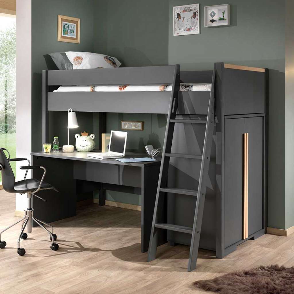 Hochbett Set Anthrazit im Skandi Design 160 cm hoch (dreiteilig)