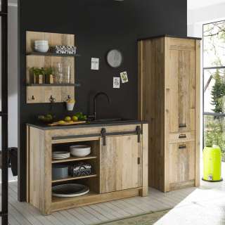 Country Style Küchenmöbel in Holz verwittert Anthrazit (dreiteilig)