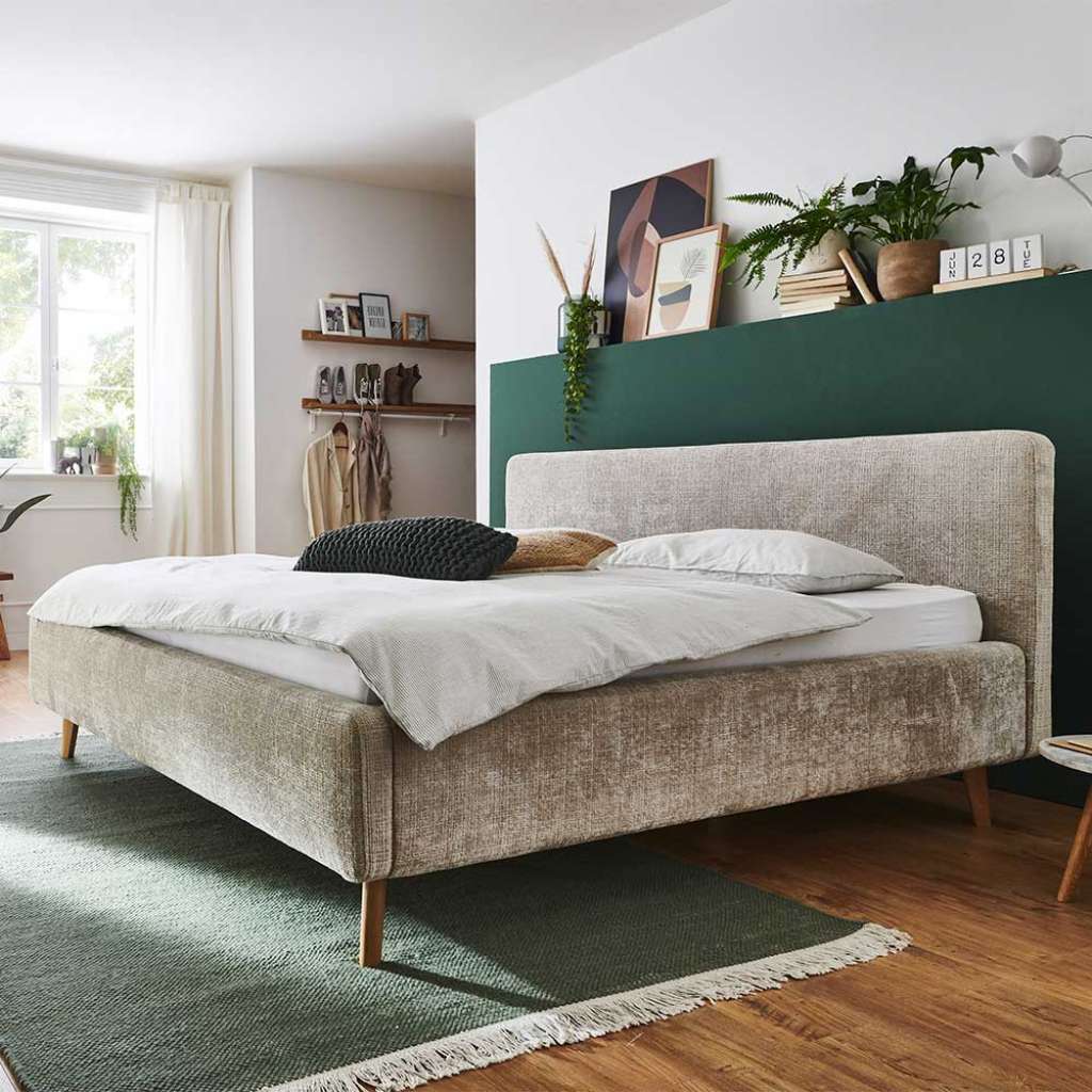 Stauraum Bett gepolstert in Beige und Eiche inklusive Lattenrost