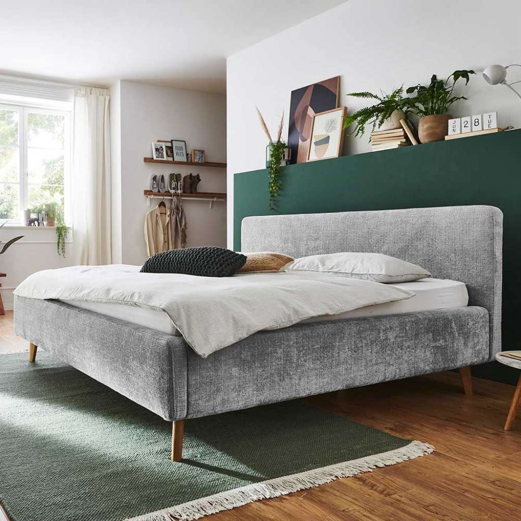Polsterbettgestell grau mit hochklappbaren Lattenrosten 105 cm hoch