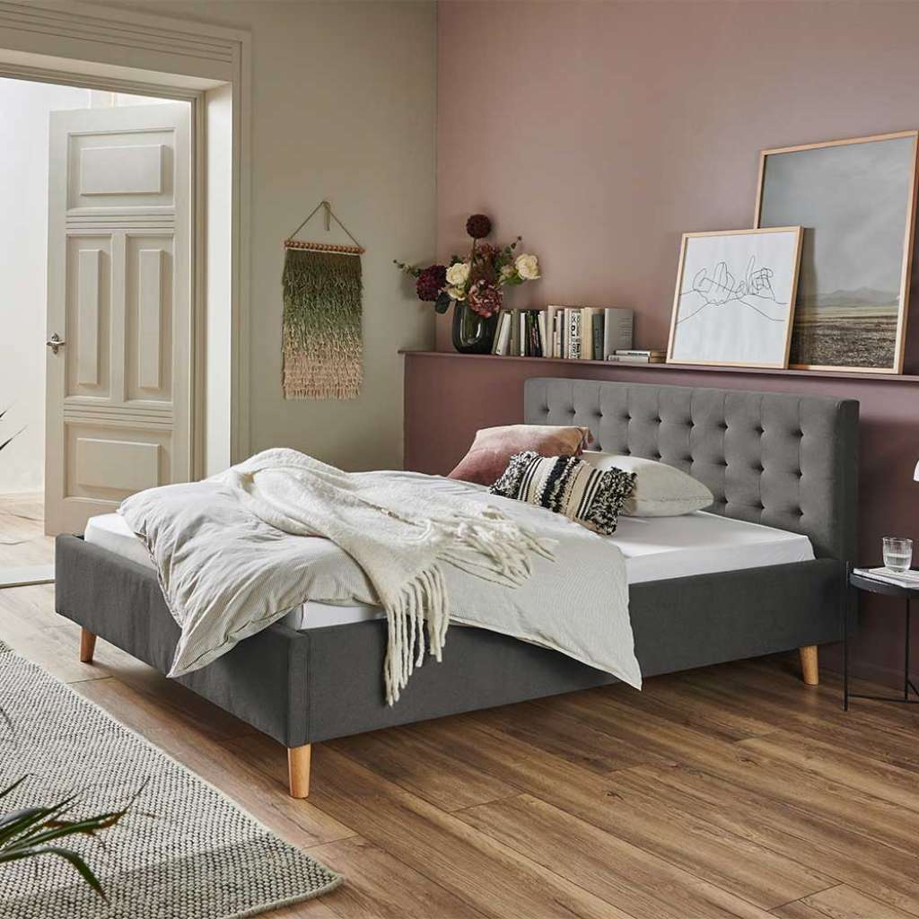 Graues Polster Bett 140x200 cm Liegefläche 93 cm hoch