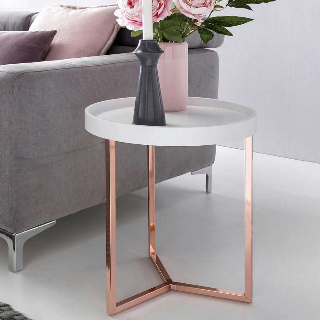 Beistelltisch mit Tablett im Skandi Design Weiß und Kupferfarben