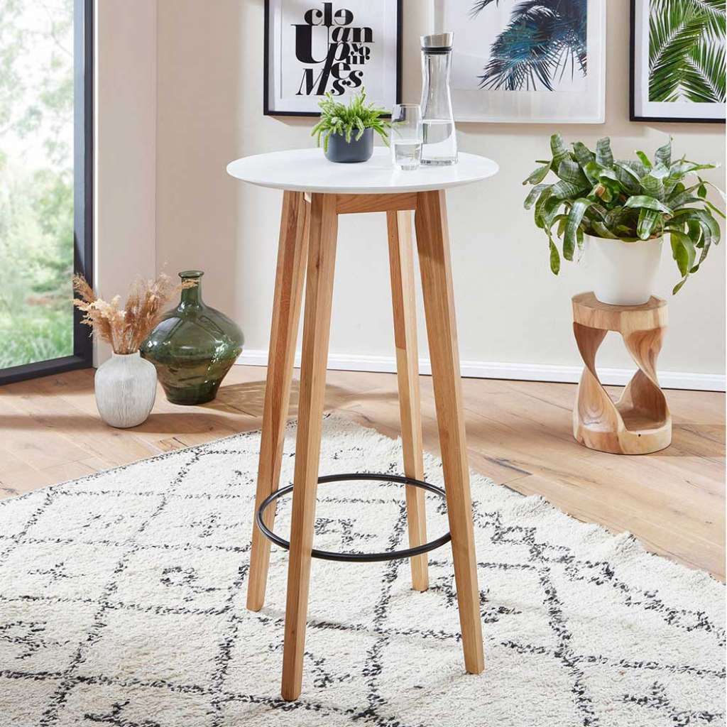 Stehtisch Skandi Stil in Weiß und Eichefarben 110 cm hoch