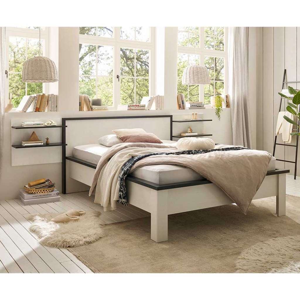 140er Bett mit Ablagen im modernen Landhausstil 93 cm hoch (dreiteilig)