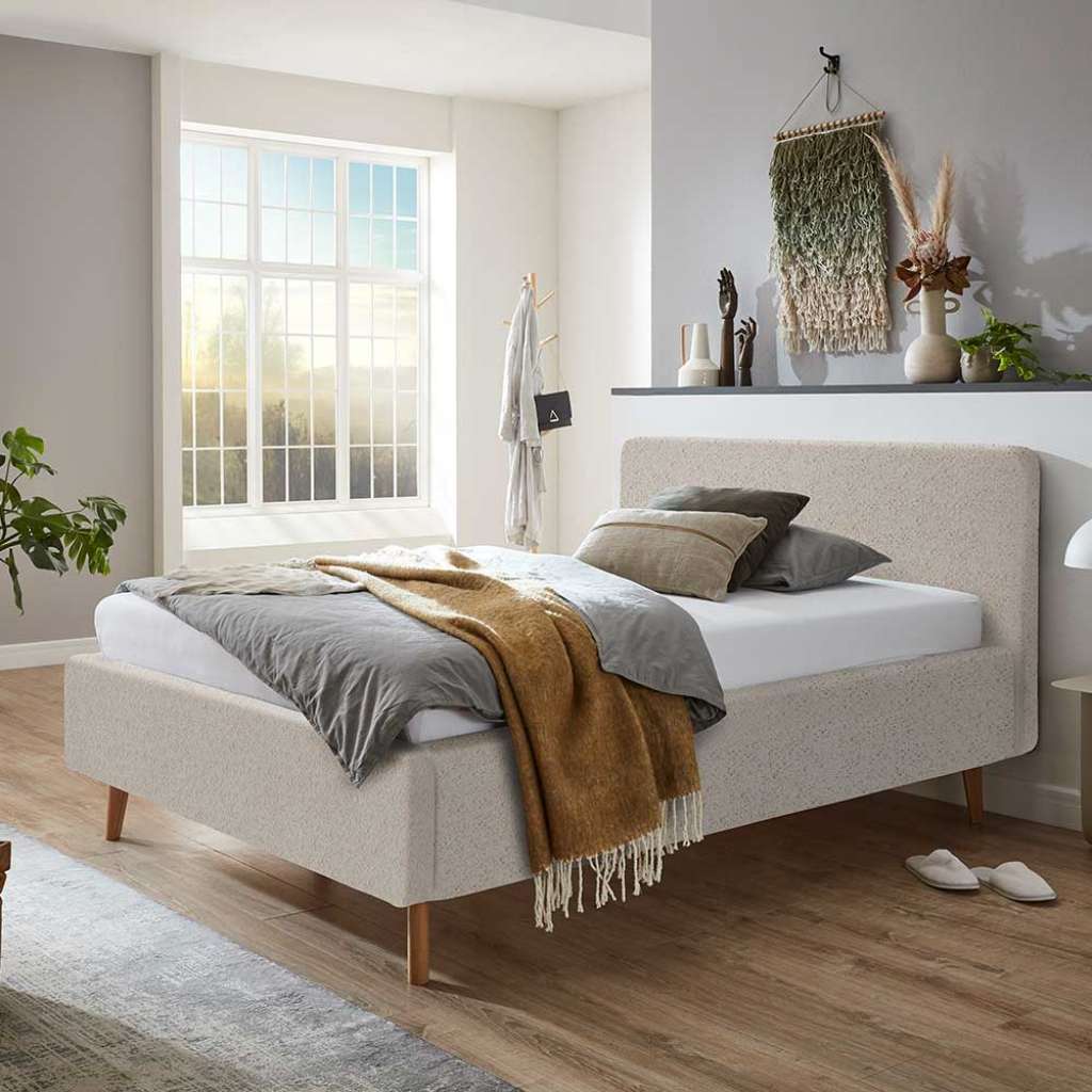 Stoffbett mit Lattenrost in Beige und Eiche inklusive Bettkasten