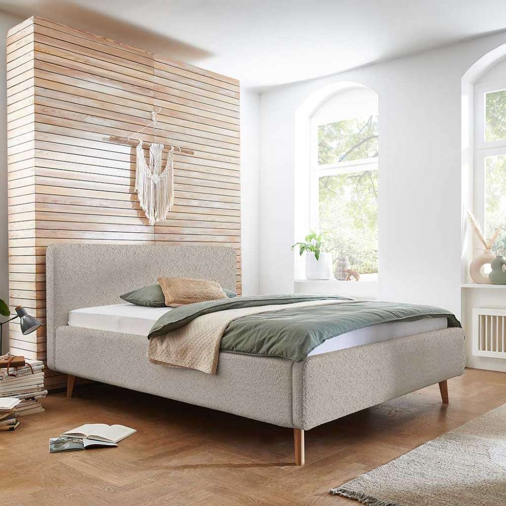 Stauraumbett Polster Beige mit Vierfußgestell aus Holz Eichefarben
