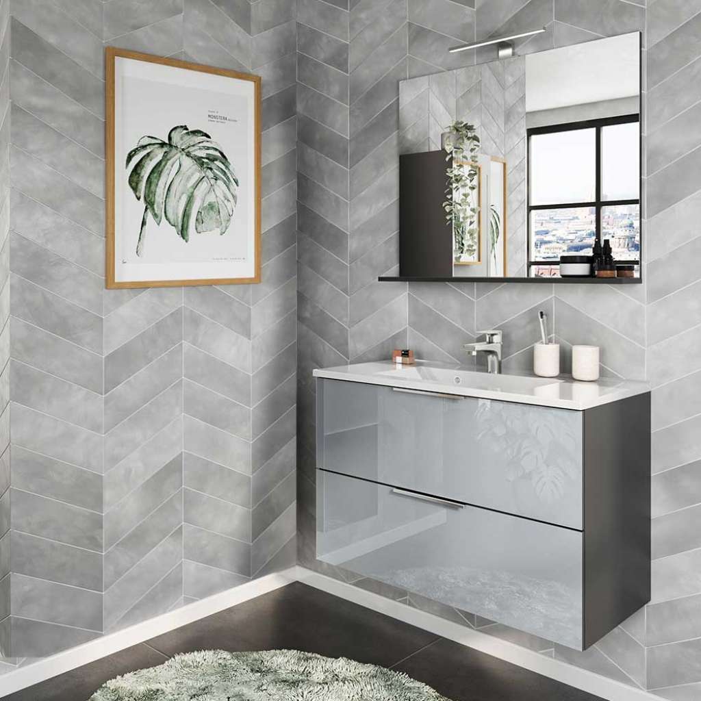 Badmöbel Set mit Waschbecken in Dunkelgrau Silberfarben (zweiteilig)