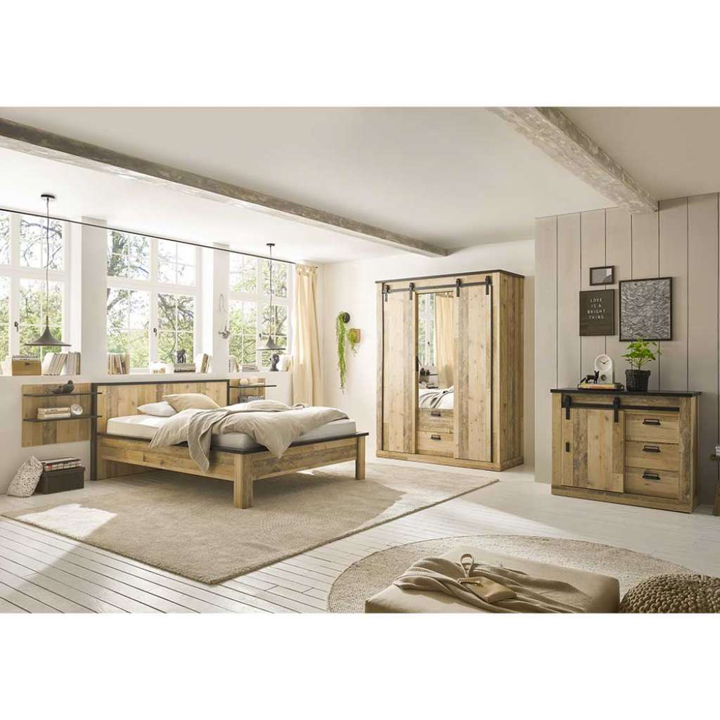 Country Look Schlafzimmer in Holz verwittert Anthrazit (fünfteilig)